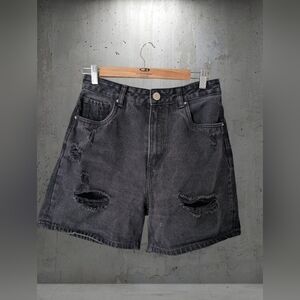 Black Distressed High-Waist Denim Shorts